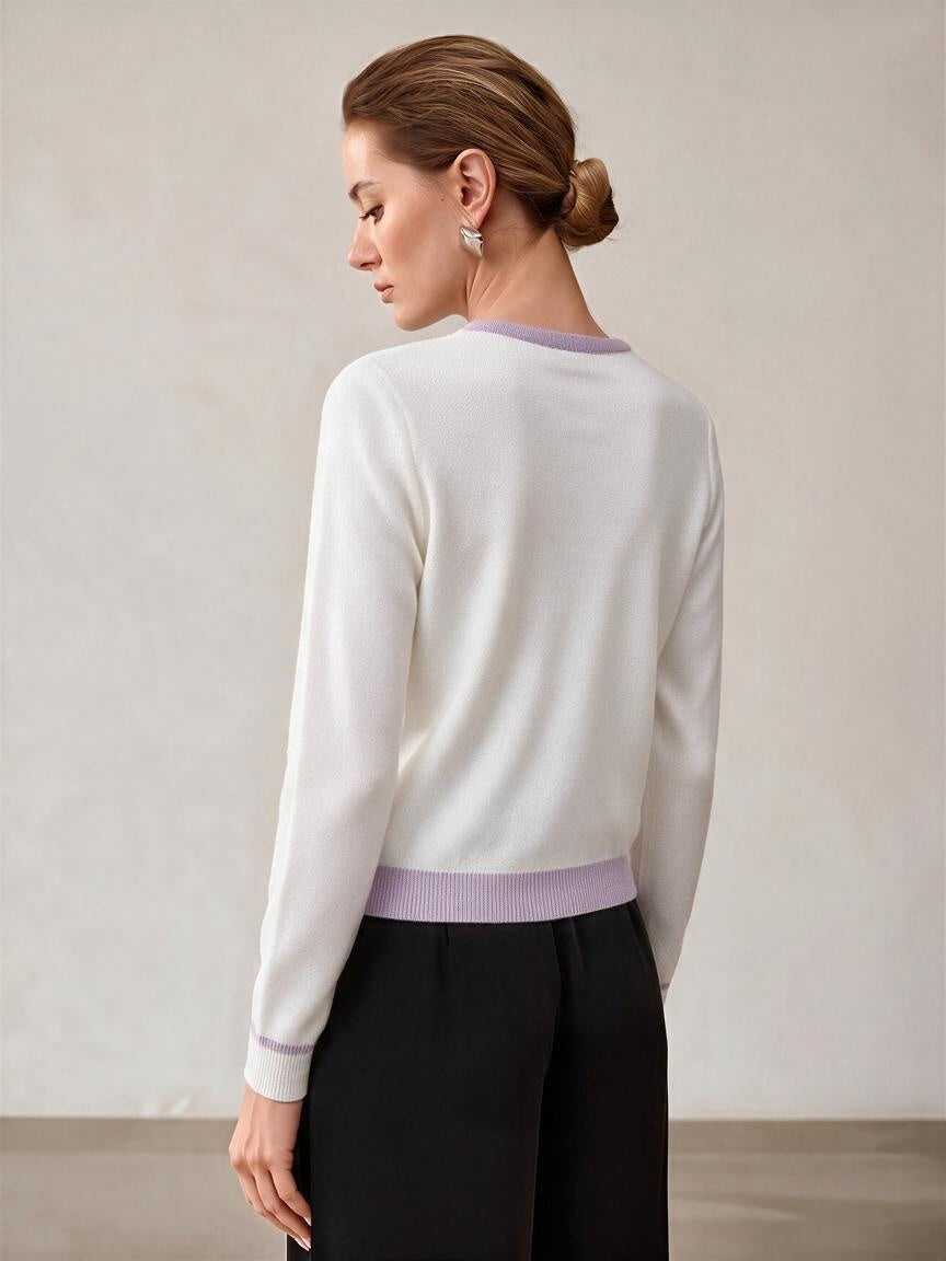 100% Wool Color Block Crew Neck Knit Cardigan