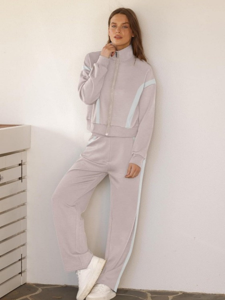 Long Sleeve Coat Stripes Splicing Sports Straight-leg Pants 2-piece Sets