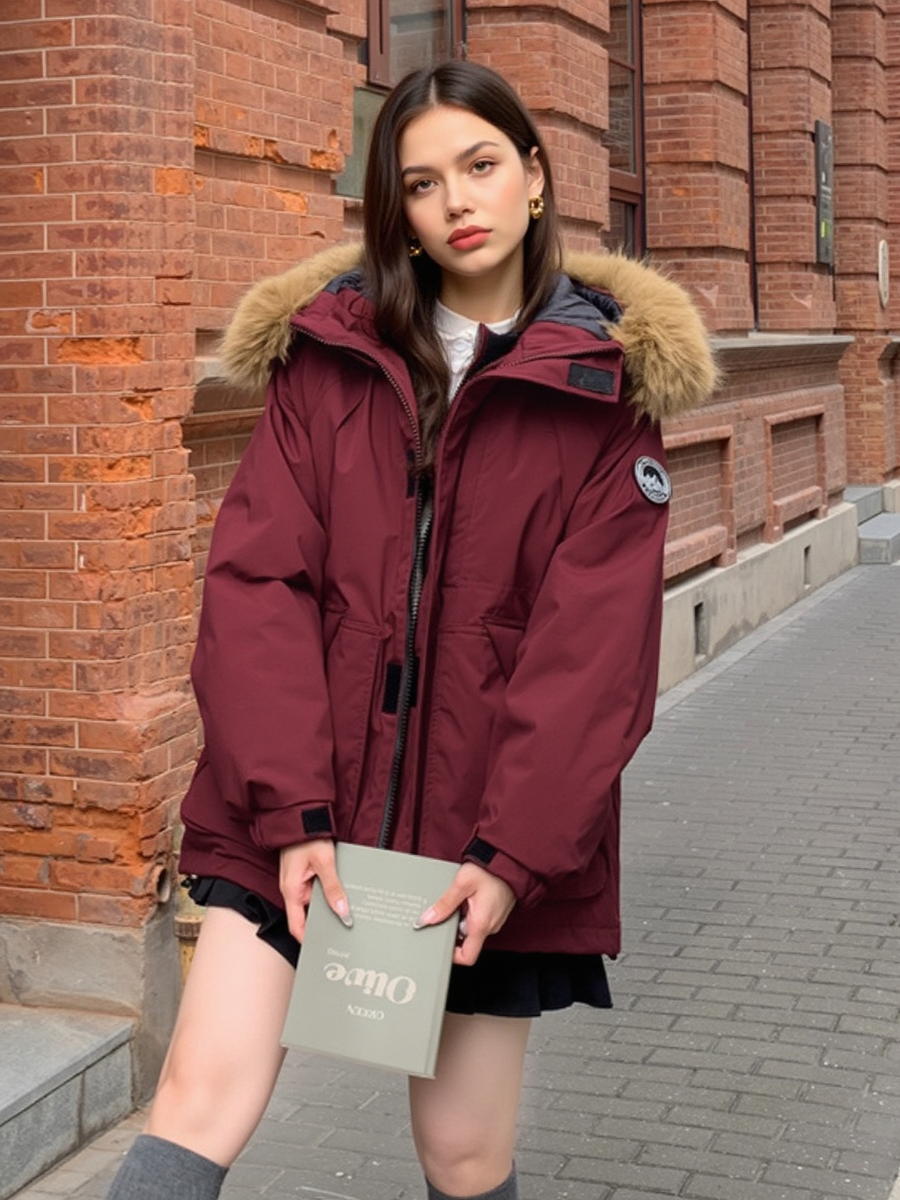 Zipper Version American Fleece Lined With Fur Collar Hooded Loose Leisure Outdoor Cotton-padded Clothing