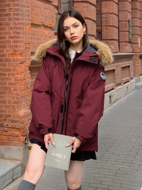 Zipper Version American Fleece Lined With Fur Collar Hooded Loose Leisure Outdoor Cotton-padded Clothing