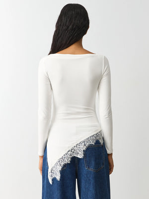 New Women's Simple Solid Color Design, Lace Trim And Slits At The Hem, Slim Fit Long Sleeve Top