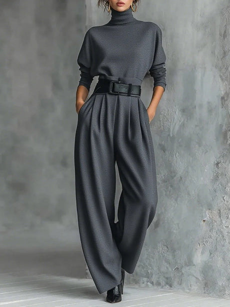 Turtleneck Long Sleeve Jacket High Waist With Belt Pants Set