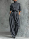 Turtleneck Long Sleeve Jacket High Waist With Belt Pants Set