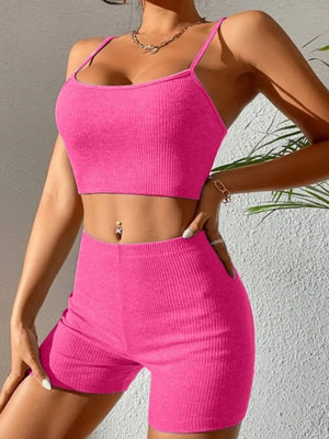 Piping Yoga Navel Exposed Suspender Shorts 2-piece Sets