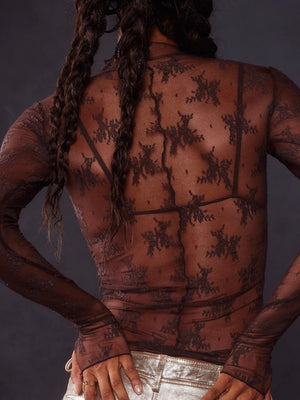 Lace See-through Sexy Mesh Mock Neck Long-sleeved Top