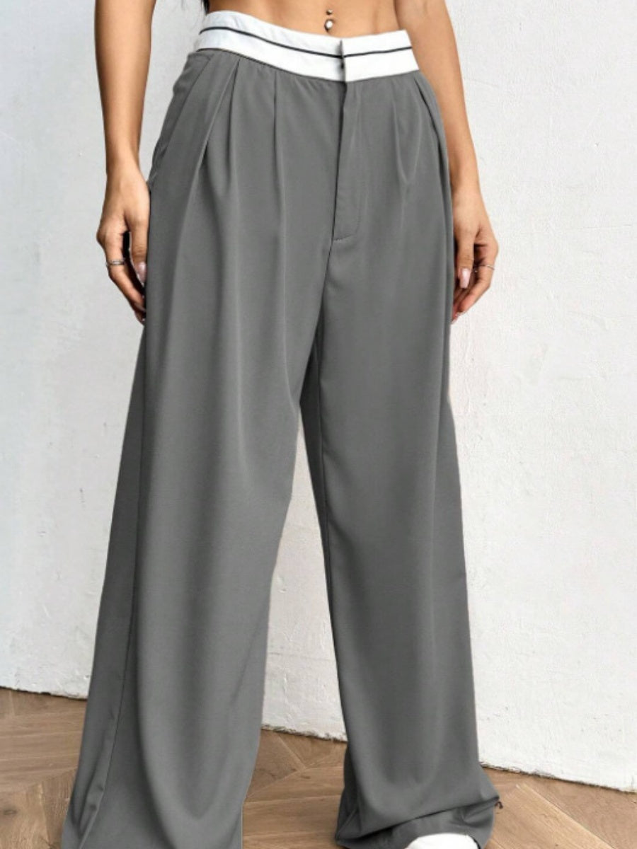 Color-blocked Belted Wide-leg Suit Trousers