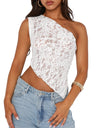 Lace See-through One-shoulder Backless Fine Mesh Sweet Tank Tops&Camis