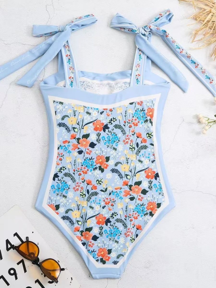 Double-sided Printed Retro-style Fresh Strapless Tie-up Swimsuit