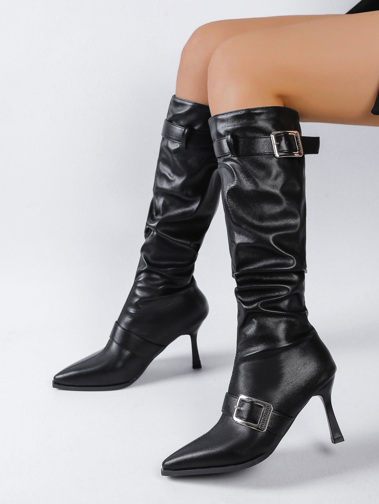 Pleated High-top Pointed-toe Stiletto Heels With Buckle Belt For Women