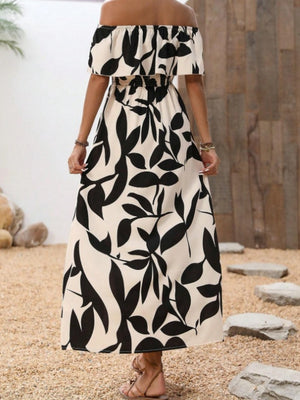 Ruffled Leaf Print Off-Shoulder Long Dress