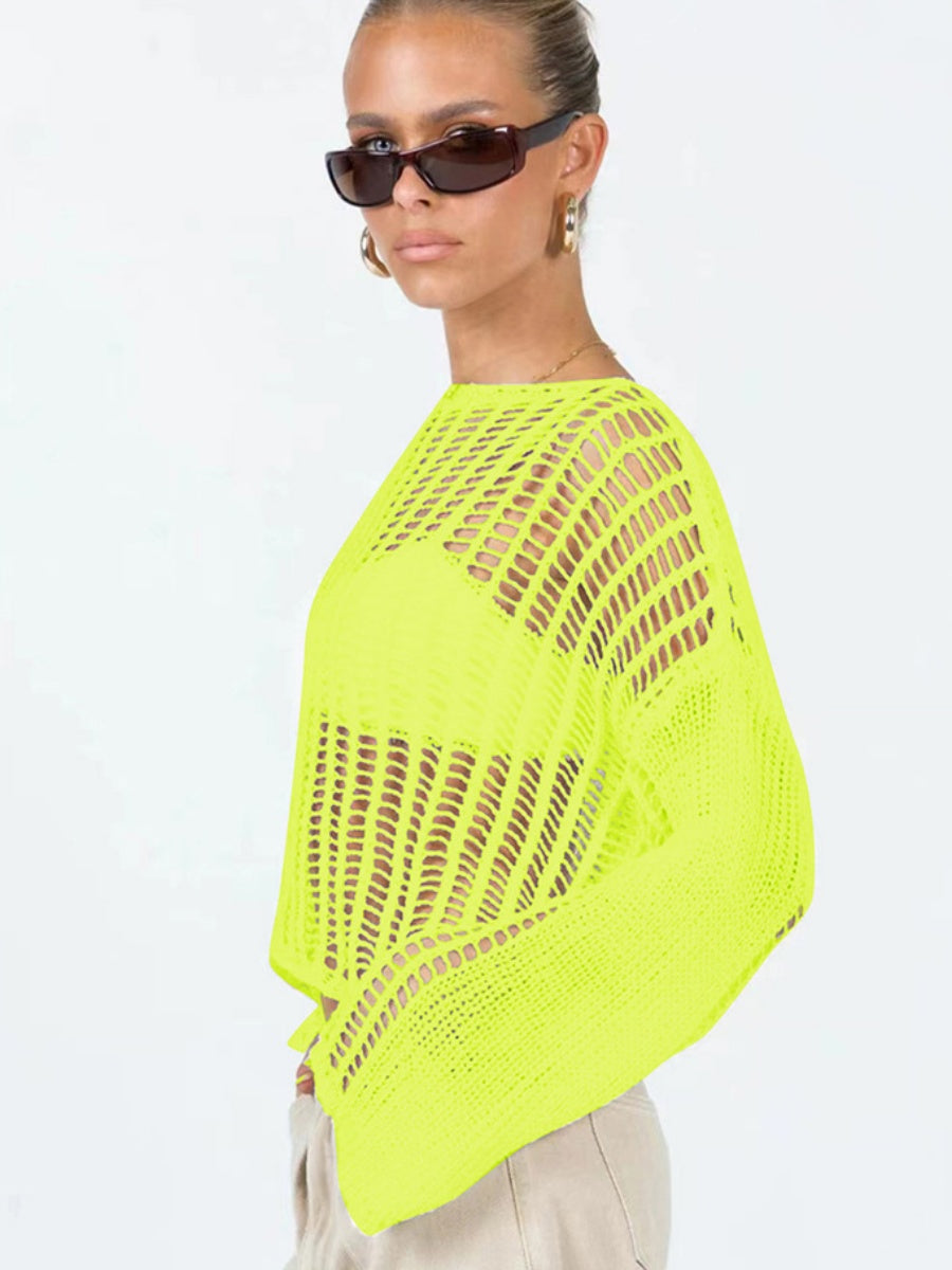 Liber Autumn women's see-through knitted loose hollow pullover mesh see-through top