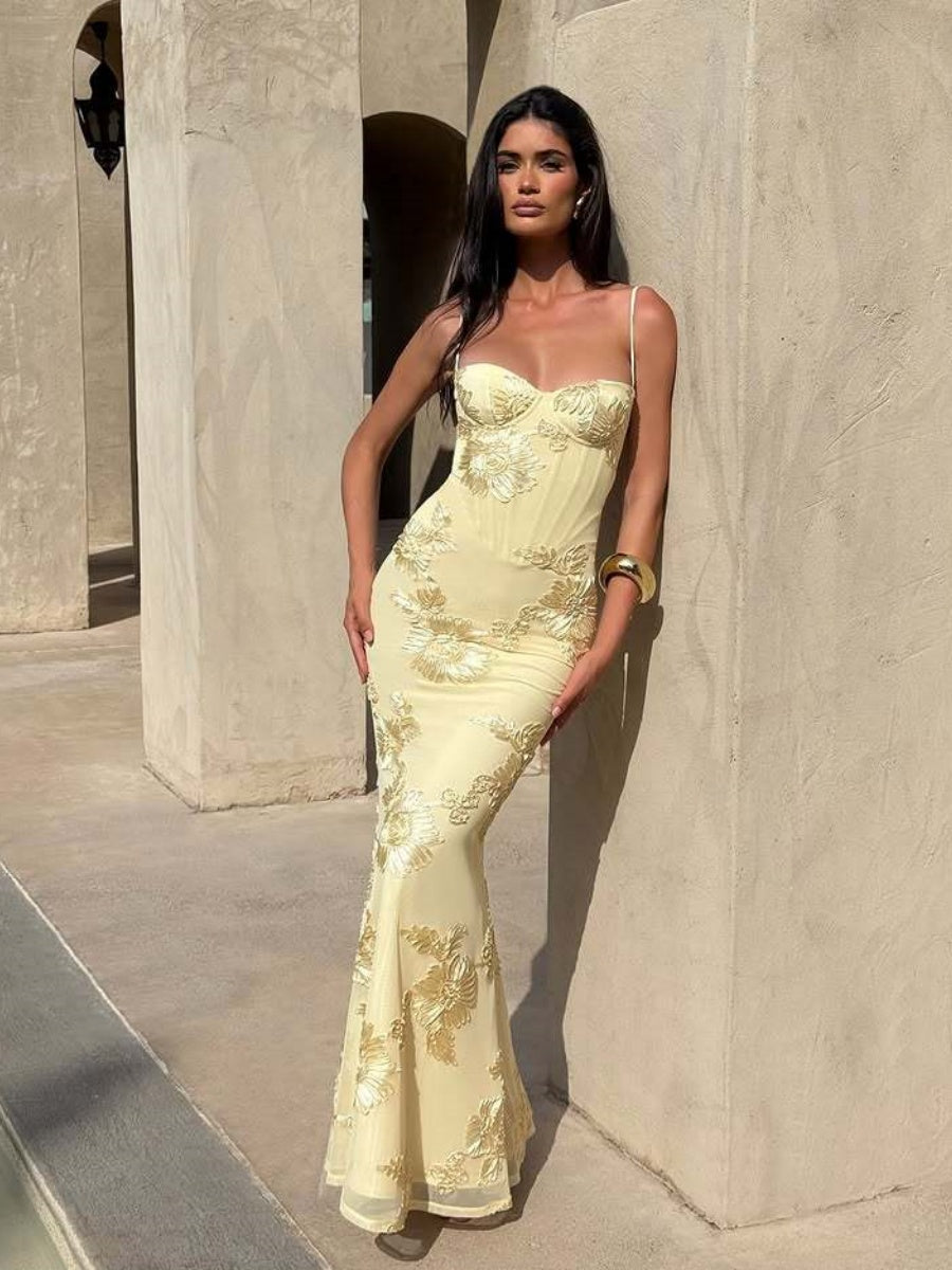 Bandage Big Backless Tight Fit Hip-hugging Jacquard Maxi Dresses