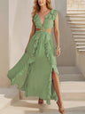 V-neck With Ruffles Backless And Waistless Hollowed-out Slit Back Strap Maxi Dresses