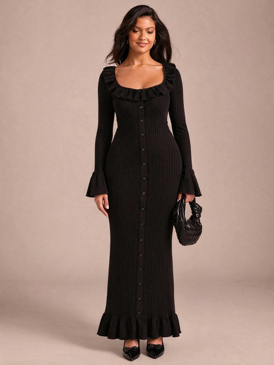 U-neck French Long-sleeved Simple Ruffled Knit Maxi Dress