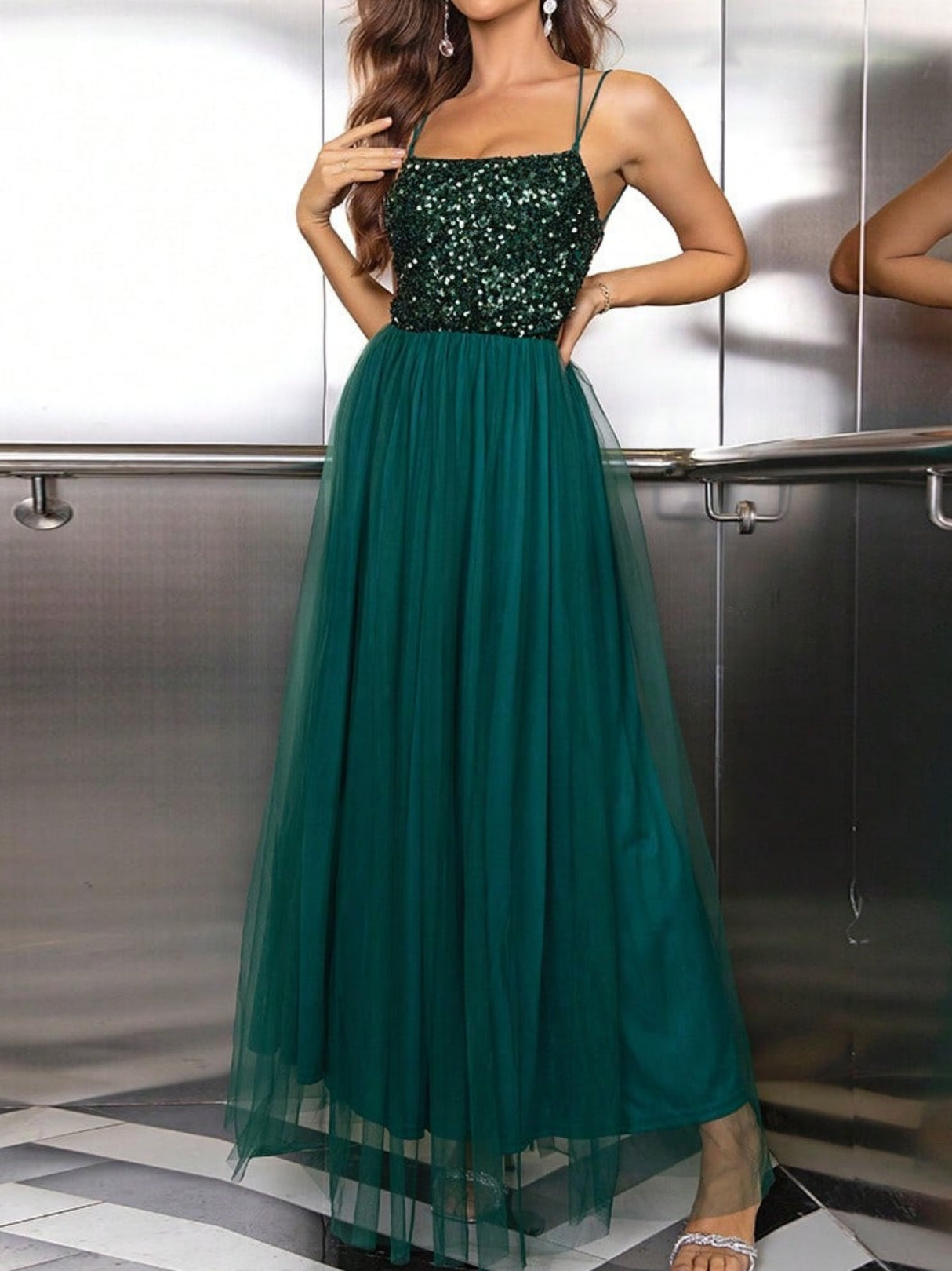 Sequins Mesh Splicing Suspenders Sweet Maxi Dresses