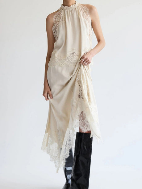 Lace Stitching Halter Top Irregular Skirt Set 2-piece Sets
