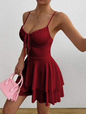 Simple Solid Color Short Dress With Pleats And Multi-layered Ruffles