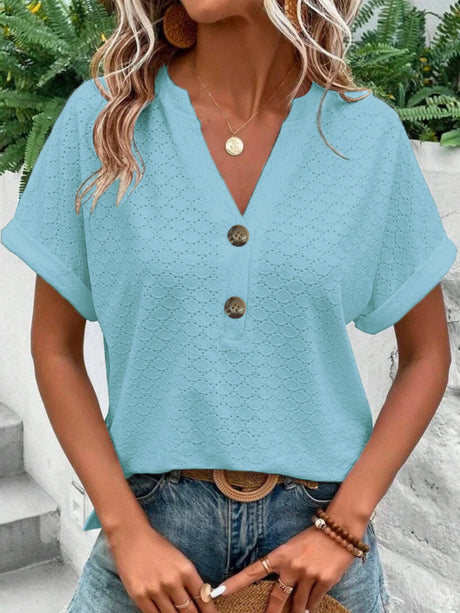 Knitting Buttons V-neck Short Sleeve T-shirts