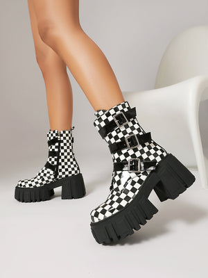 Plaid Denim Biker Punk Ankle Boots