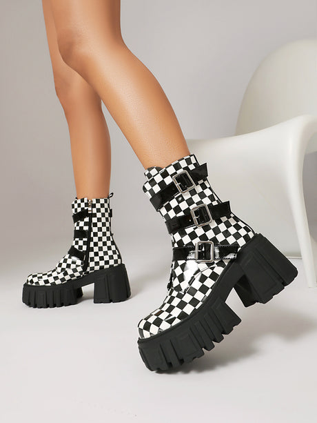 Plaid Denim Biker Punk Ankle Boots