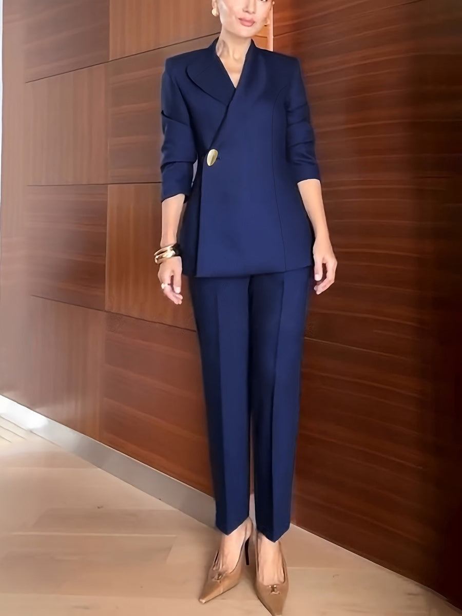 Blue Slanted Placket Design Blazers Straight-leg Pants 2-piece Sets