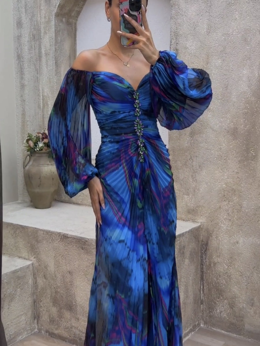 Crimp Long Sleeve Floral Printed Reunion Maxi Dresses