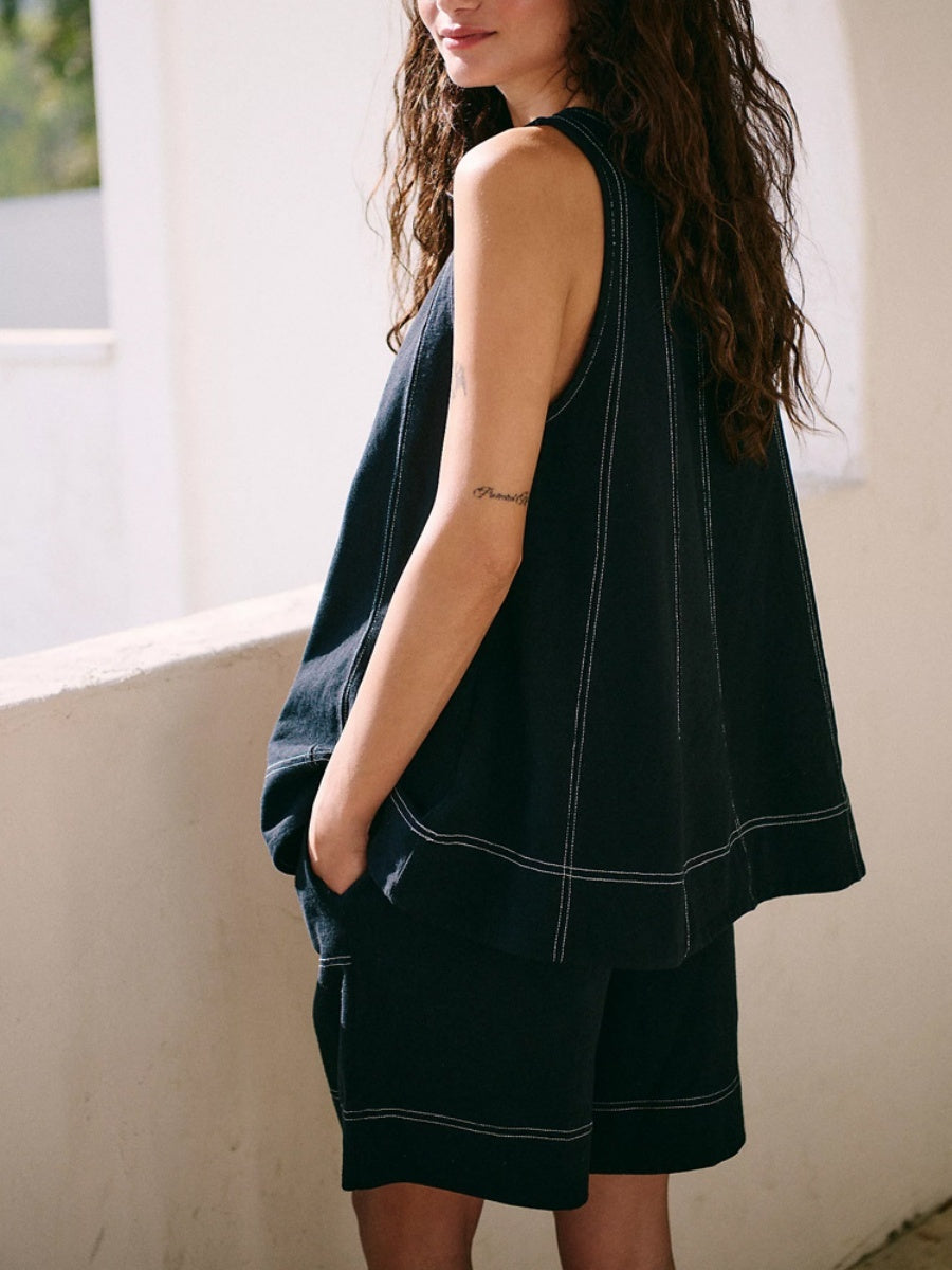 Pocket Sleeveless Tank Tops Shorts Denim Set 2-piece Sets