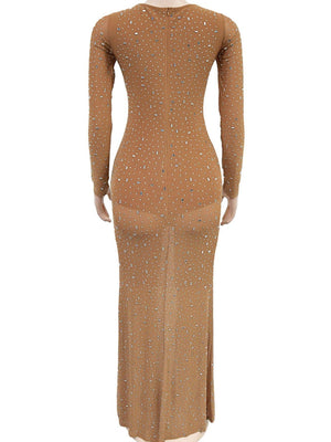 Strassbesetzte, lange Ärmel, eckiger Kragen, glänzende Party-Maxikleider