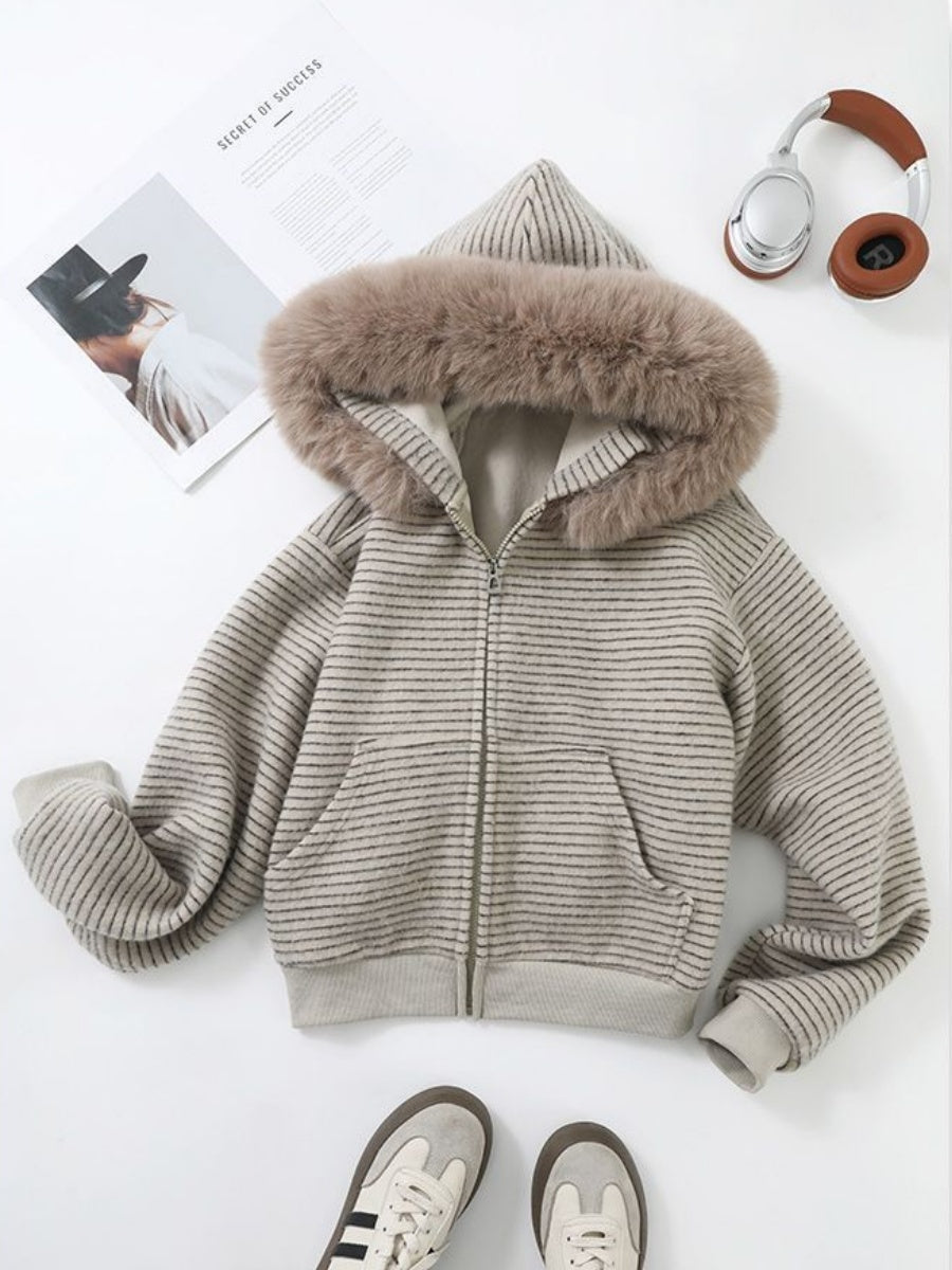Hooded Zipper Stripes Detachable Large Fur Collar Retro Casual Cardigan