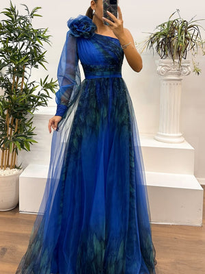 Sloping Shoulders Mesh Printed Reunion Maxi Dresses