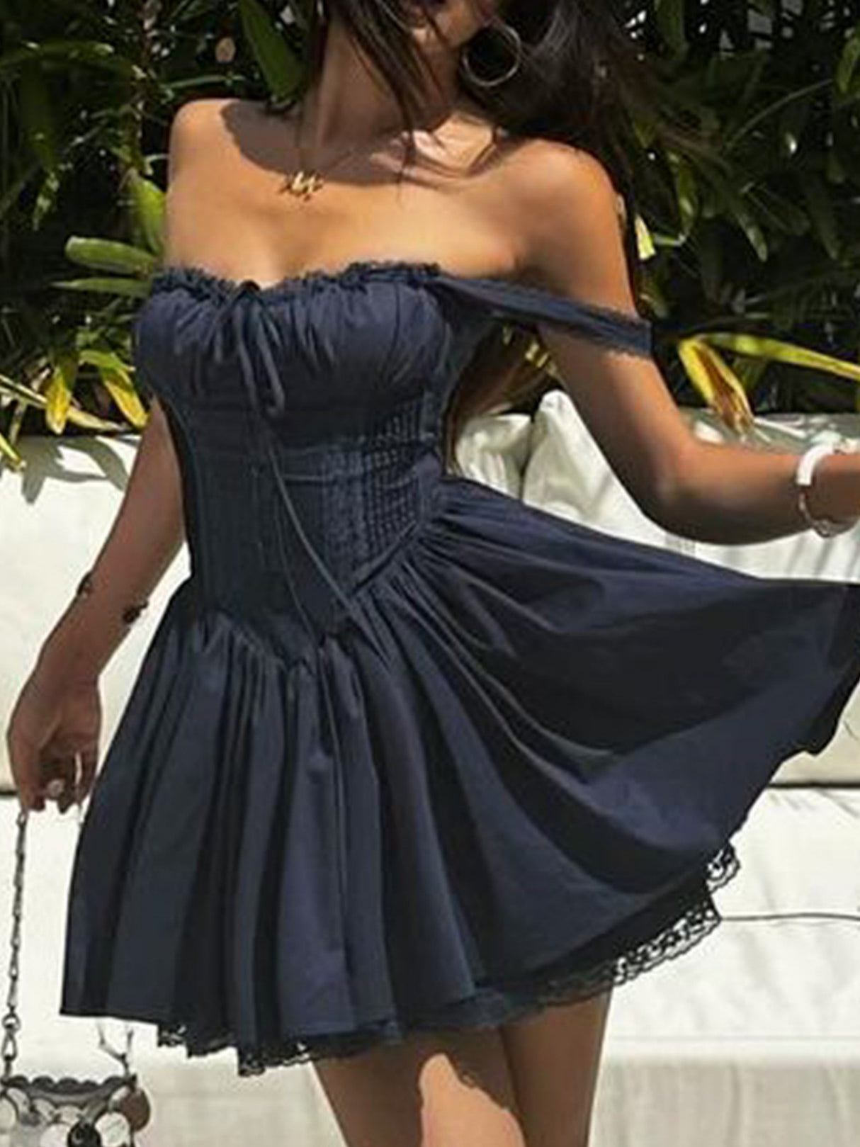 Lace Patchwork Waist-cinching And Backless Spaghetti Strap Short Dress