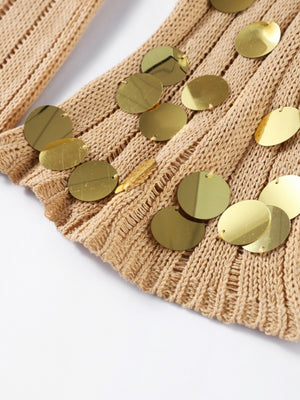 V-neck Waist-cinching Belt Sequins Knitting Maxi Dresses