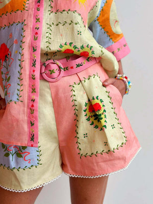 Ensemble deux pièces chemise et short en lin à imprimé floral, décontracté et élégant