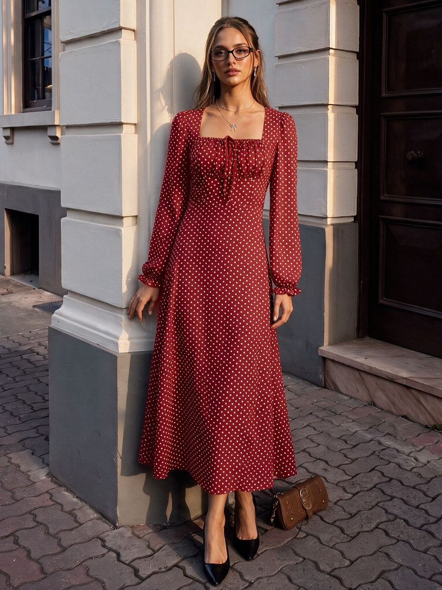 Lace-up Zipper, Polka Dots Polka Dots Maxi Dresses