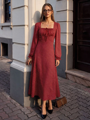 Lace-up Zipper, Polka Dots Polka Dots Maxi Dresses