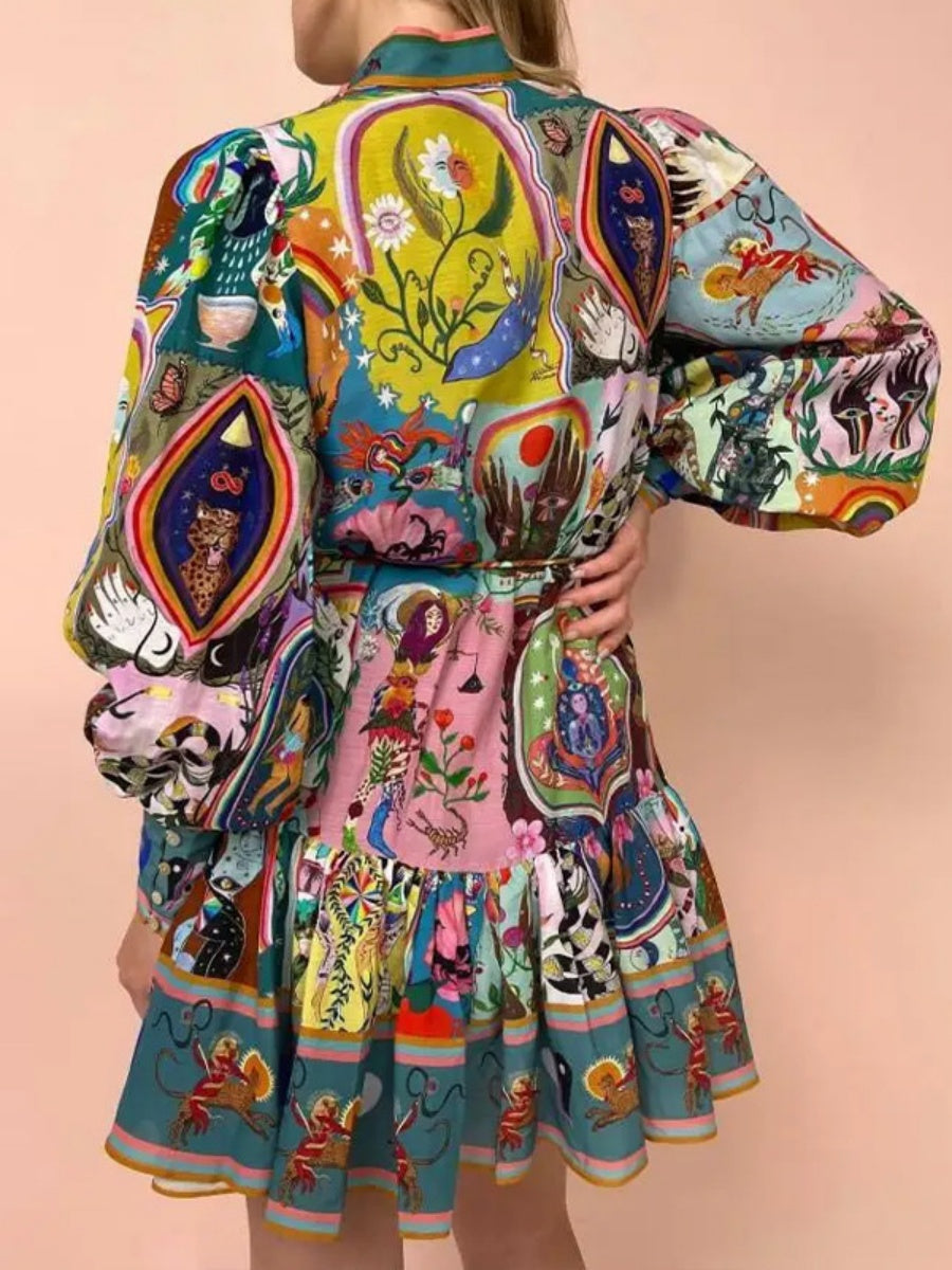 Painting Plants And Flowers Crew Neck Waist Lace Up Pleated Long Sleeve Mini&Short Dresses