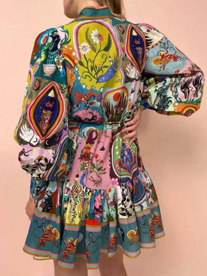 Painting Plants And Flowers Crew Neck Waist Lace Up Pleated Long Sleeve Mini&Short Dresses