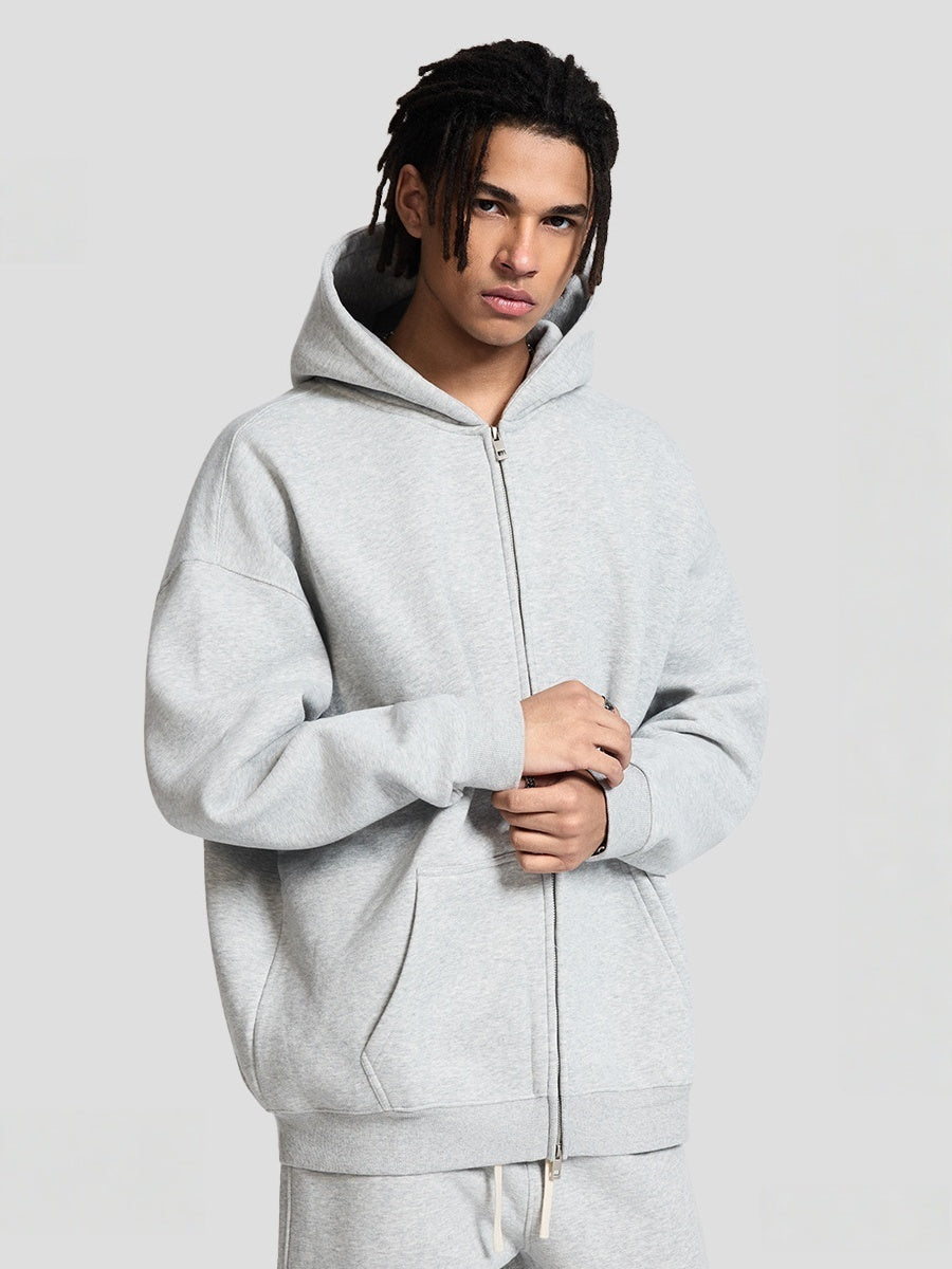 Plush Sports Loose Solid Color Zipper Hooded Sweatshirts&Hoodies Set