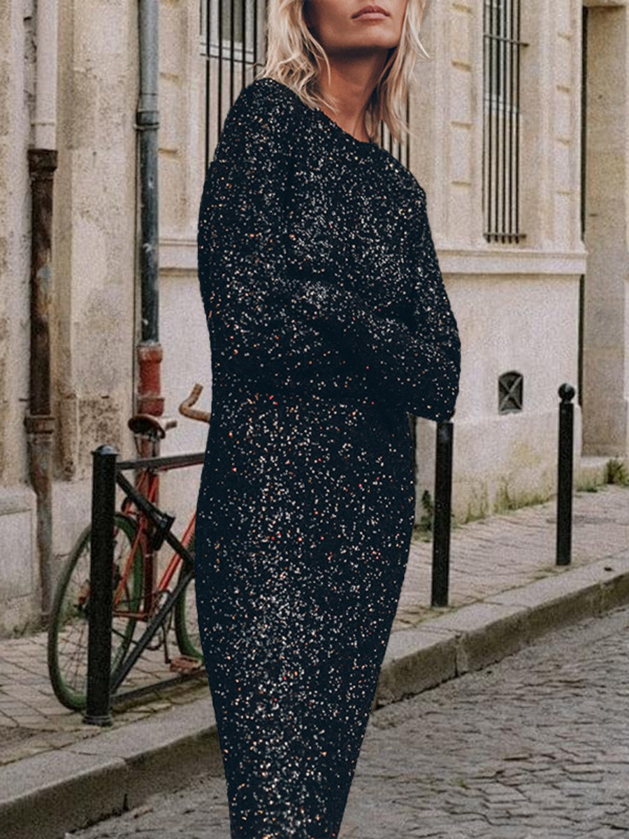 Sequins Long Sleeve Crew Neck Loose Maxi Dresses