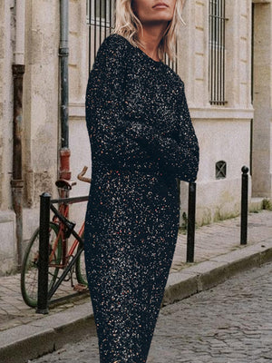 Sequins Long Sleeve Crew Neck Loose Maxi Dresses