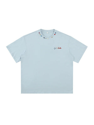 Color-blocked Colorful Embroidery Loose-fit T-shirts