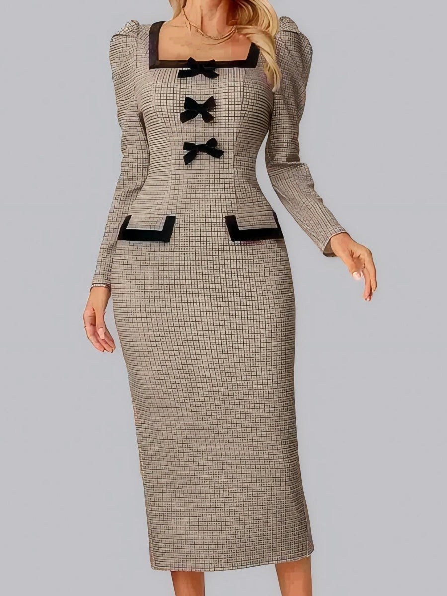 Bow Long Sleeve Tight Fit Bodycon Dress Plaid Knitting Workplace Midi Dresses