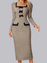 Bow Long Sleeve Tight Fit Bodycon Dress Plaid Knitting Workplace Midi Dresses