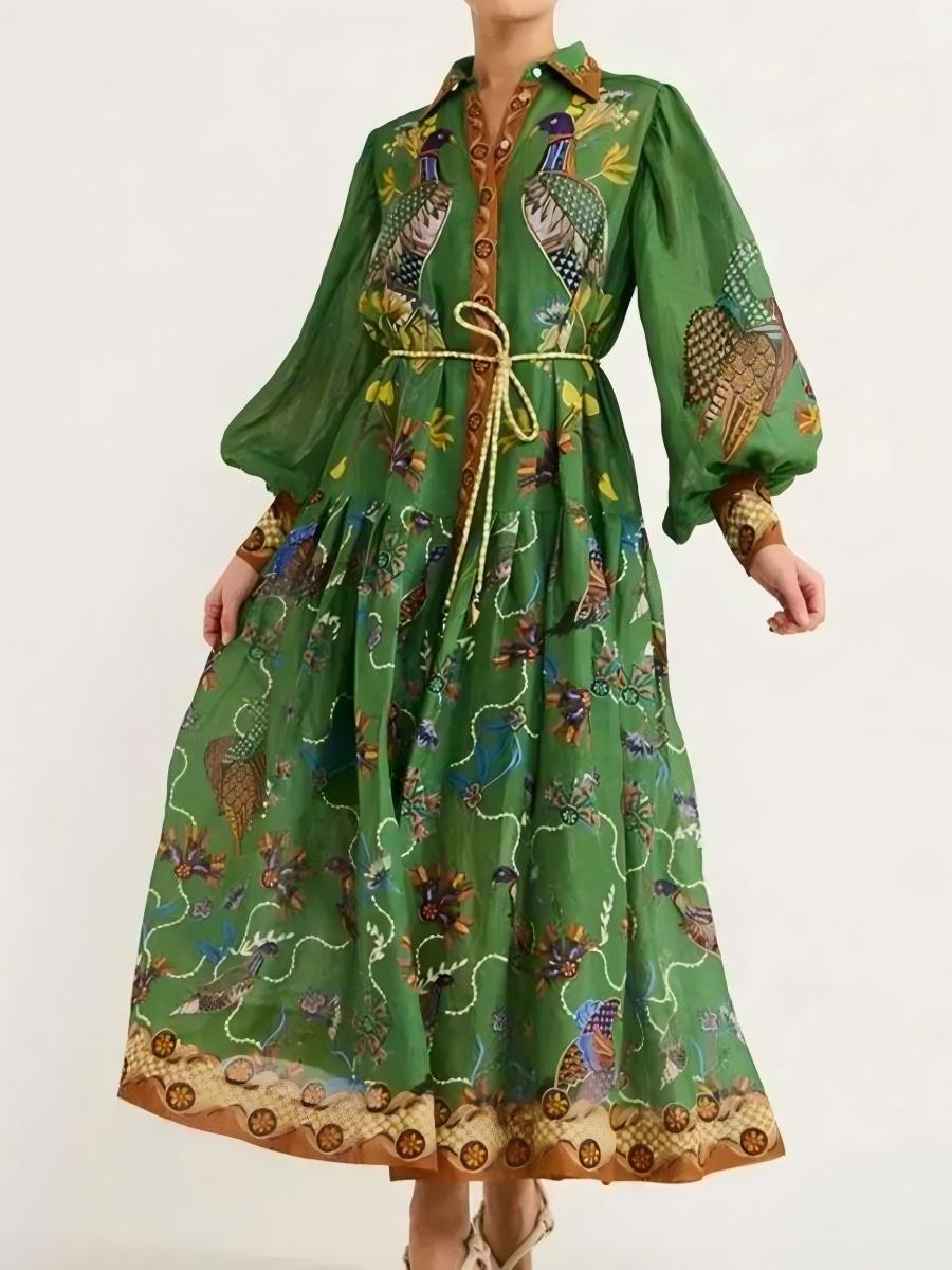 Retro Printed Lantern Sleeves Waist Long Sleeves Maxi Dresses