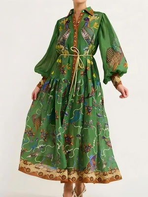Retro Printed Lantern Sleeves Waist Long Sleeves Maxi Dresses