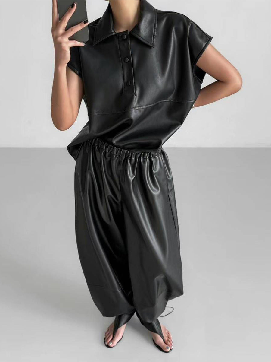 Drawstring Ankle Lantern Pants Loose Leather Pants PU Leather Trousers