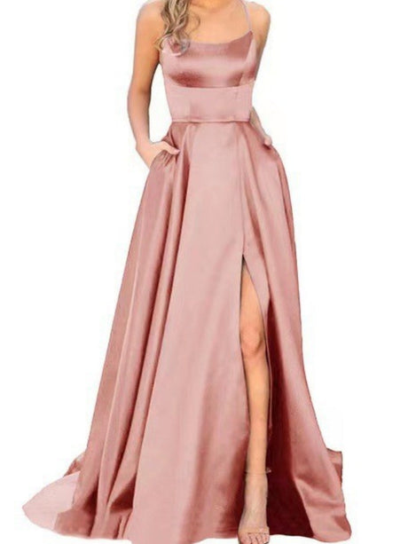 Backless Bandage Satin High Slit Bridesmaid Dresses Cocktail Party Maxi Dresses