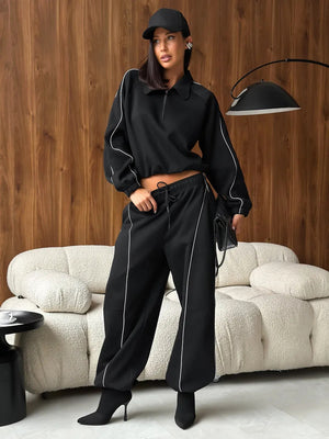 American Retro Color-blocked Striped Tracksuit For Women Two-piece Set: Collared Half-zip Sweatshirt And High-waisted Wide-leg Sweatpants