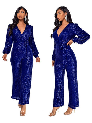 Deep V Long Sleeve Belt Sequins Jumpsuit
