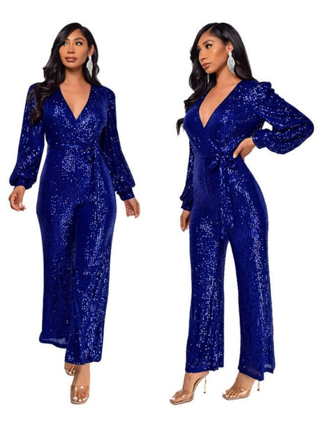 Deep V Long Sleeve Belt Sequins Jumpsuit